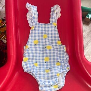 Spring Blue and White Gingham Baby Romper with Yellow Lemons 12m
